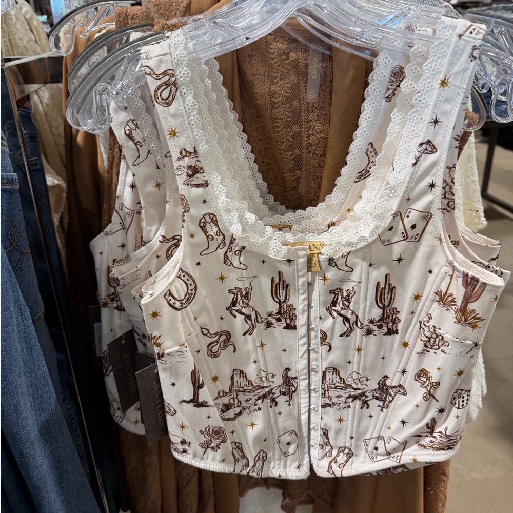 Shyanne Western Print Lace Trim Crop Top